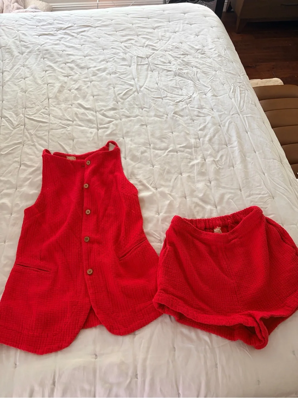 Free People Red Textured Button Vest & Shorts Set